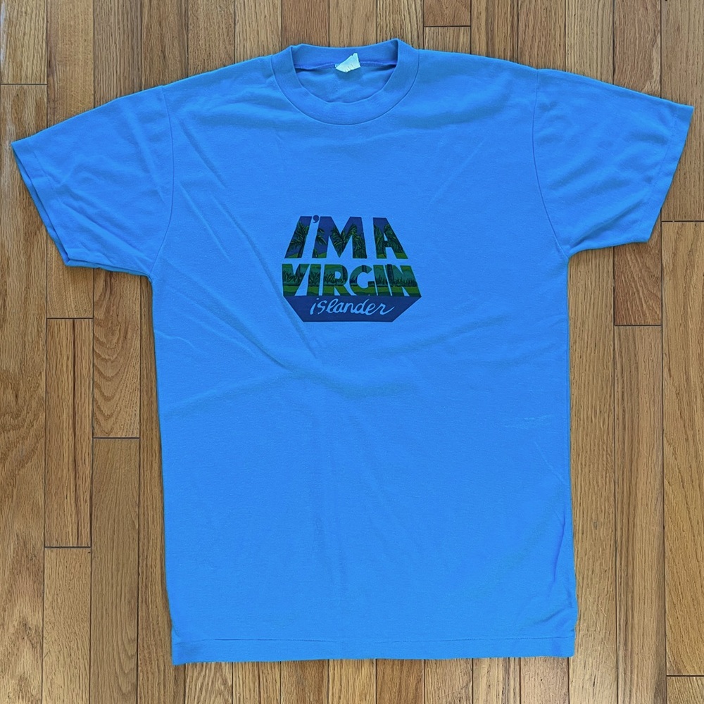 VTG I’M A VIRGIN Islander T-Shirt Blue 80s 90s Single Stitch Funny Sex Positive